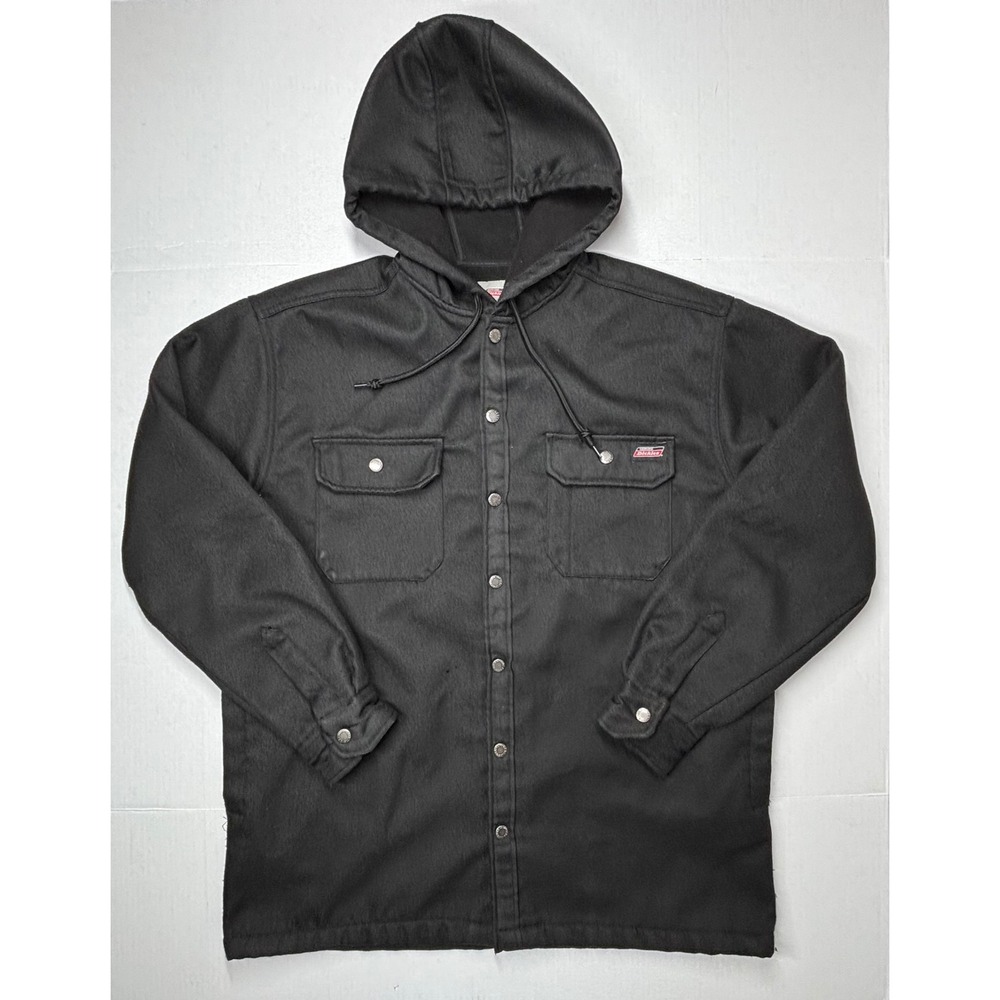 Dickies Hooded Shirt Jacket Fleece Black Mens Large 42-44 Snap Front Lined Duck
